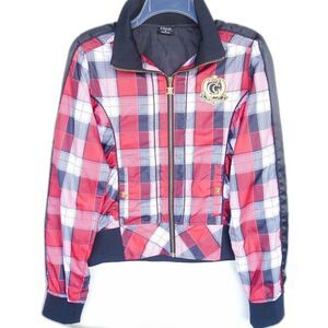 Coogi Women's Size XL Bomber Jacket Red White Black Plaid Checkered